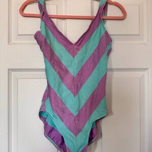 Vintage 80s Jantzen Women's Blue and Purple One-Piece Swimsuit Size 8